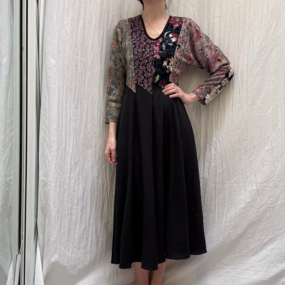 Black Floral Patchwork Midi Dress Vintage 90s Whimsygoth Boho Witchy - Picture 4 of 8